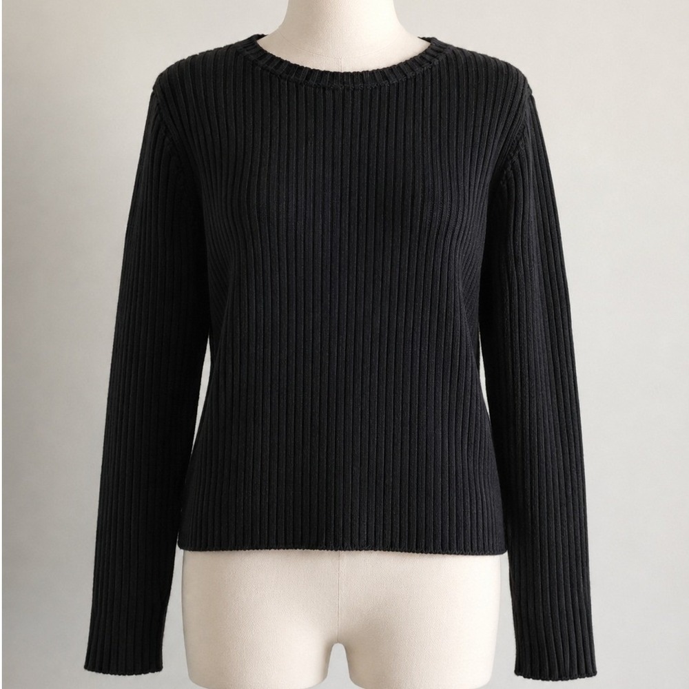 Lauren Ralph Lauren Black Ribbed Knit Cotton Crew Neck Sweater Womens Large